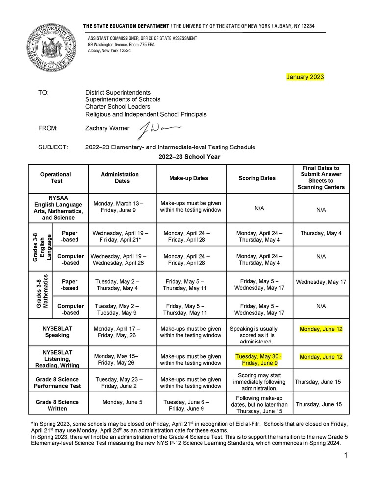 NYS Testing Letter