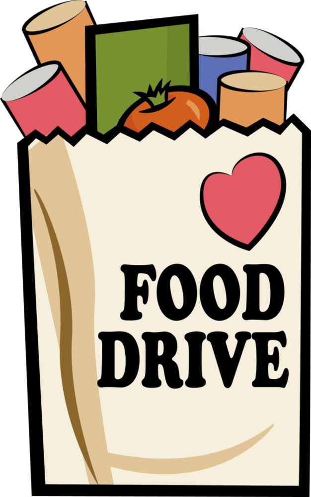 Image of a cartoon paper bag that says "Food Drive" with a red heart above it. There are different colored cans and a red tomato sticking out of the top of the bag.