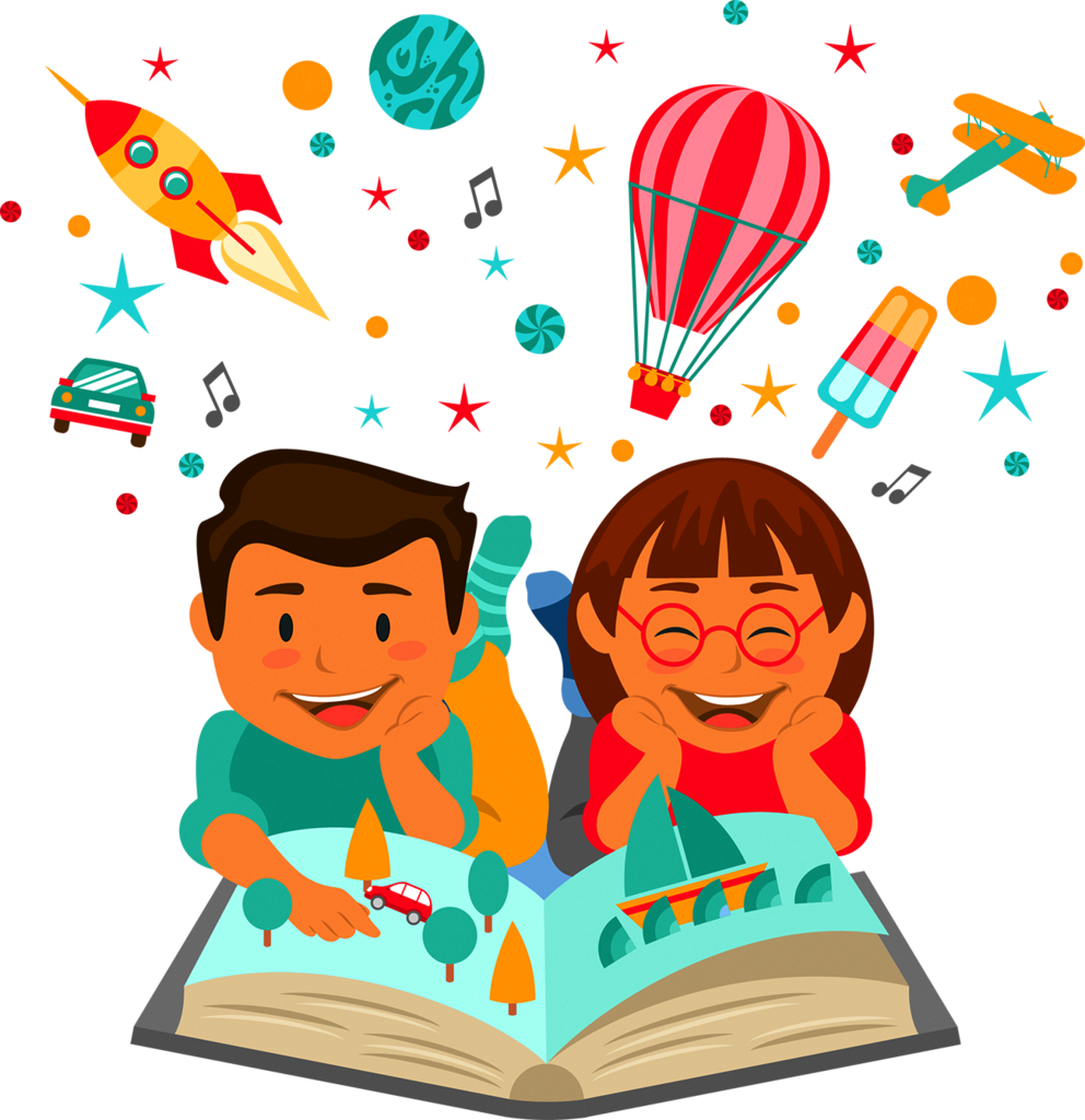 A little boy and a little girl are reading a book with images above their heads  of what they are imagining; cars, rocket ships, ice cream, etc.