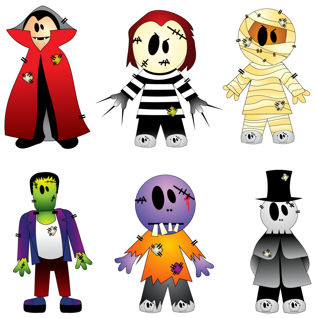 Image of traditional Halloween characters, such as a vampire, mummy, skeleton.