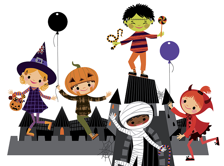 Cartoon image of children in traditional Halloween costumes such as a witch, pumpkin, mummy, green monster and vampire.