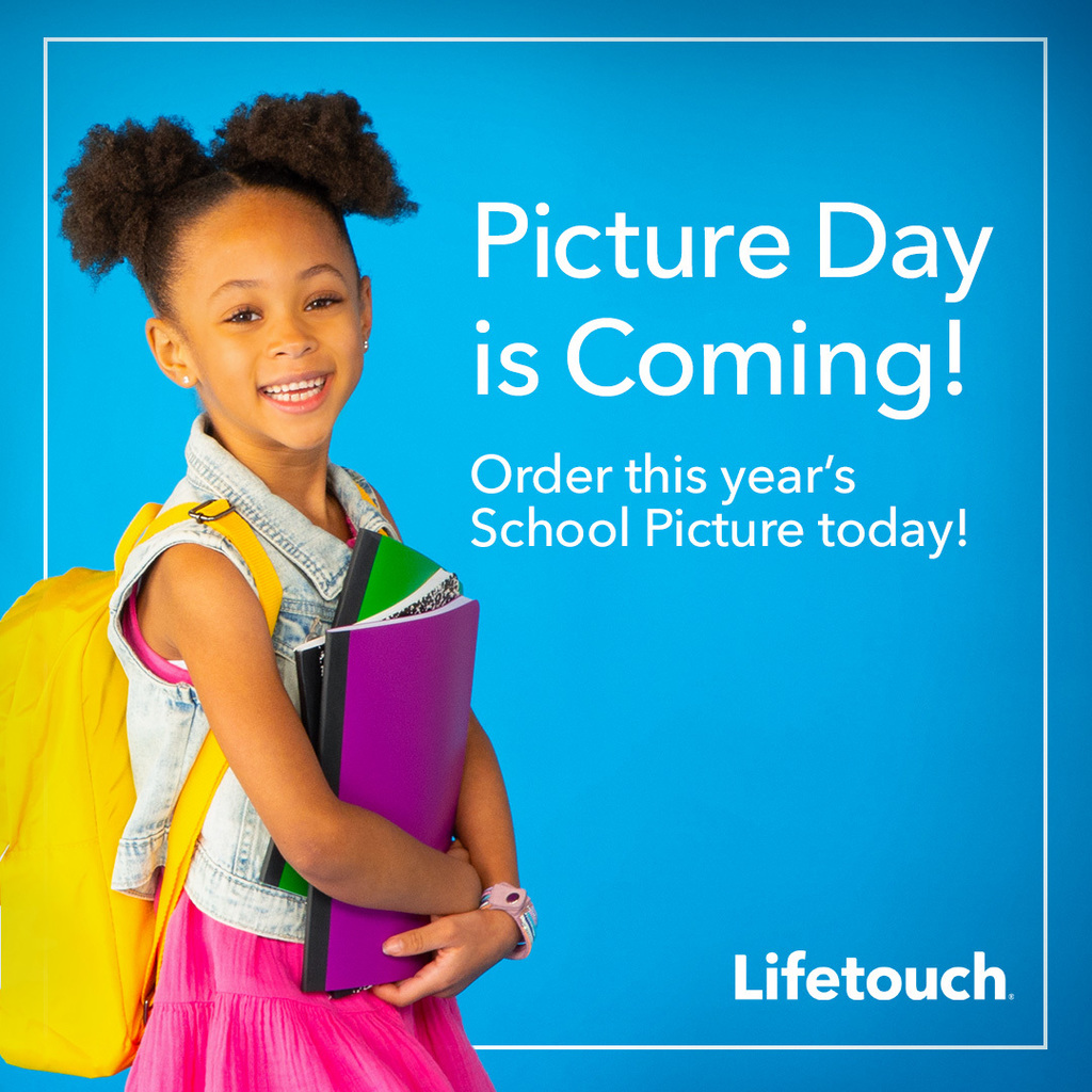 An advertisement for picture day. A female child wearing a yellow backpack and holding colorful notebooks stands in front of a blue background.