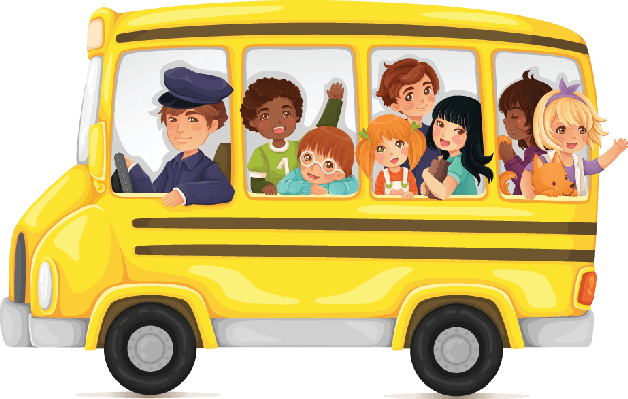 Cartoon image of a yellow school bus with children waving from the windows