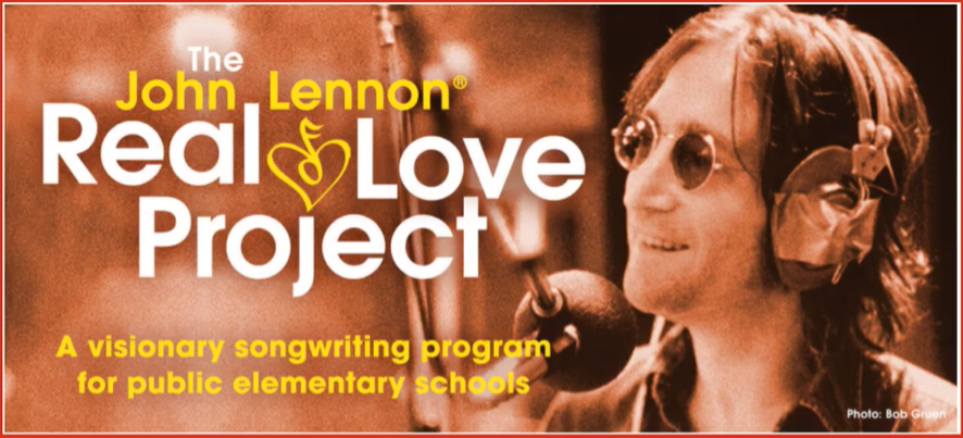 Image of John Lennon wearing headphones and standing in from of a microphone with The John Lennon Real Love Project Registered Trademark Logo