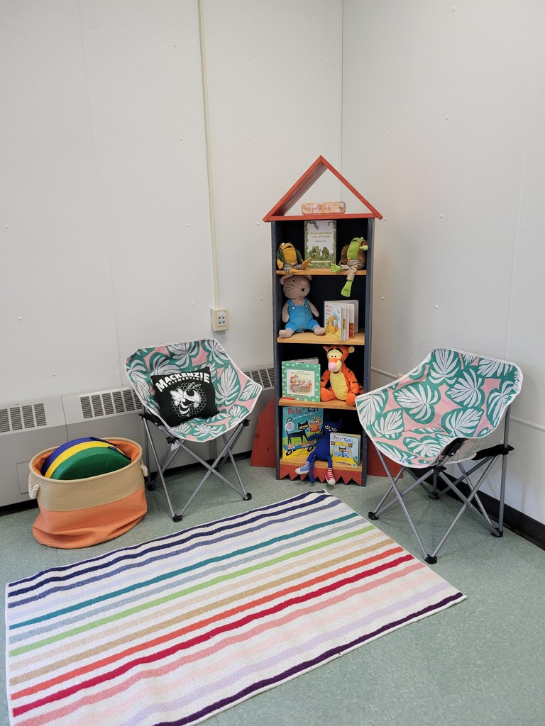 Image of a reading nook with a colorful carpet, canvas chairs and a bookshelf with books and stuffed animals
