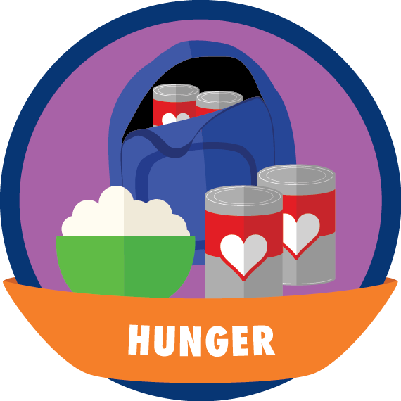Image of a blue backpack with gray canned goods with red lables on it and a white heart in the background. In the foreground are those same canned goods and what looks like a green bowl with popcorn in it. All in a circle with a purple background and outlined in navy blue. There is an orange banner at the bottom that has the word HUNGER in white letters.