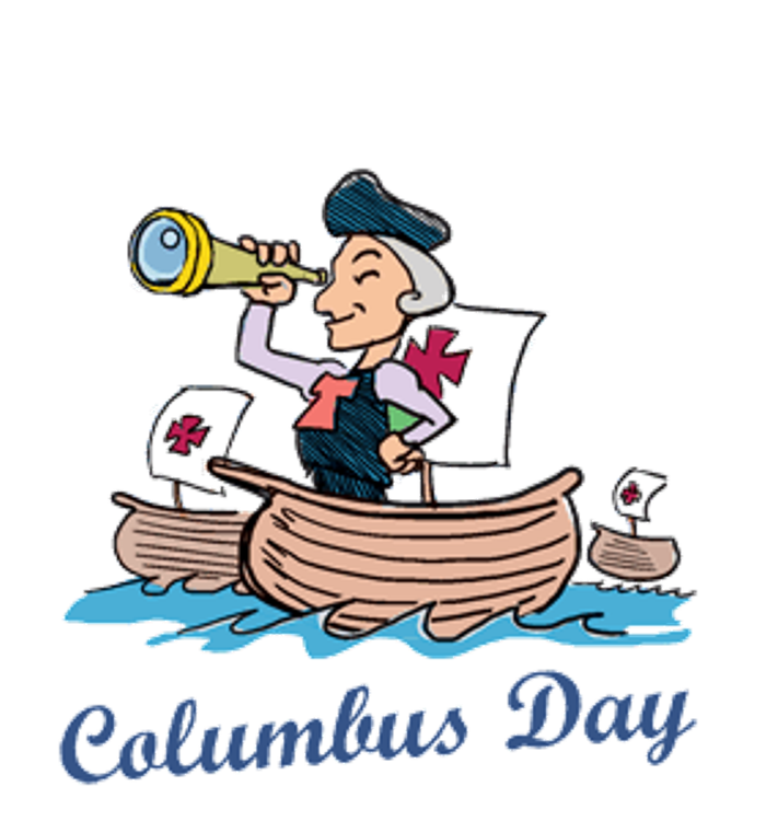 Clipart image of a sailor looking through a spyglass from the bow of a ship with the word Columbus Day in the ocean below